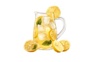 Lemonade pitcher with ice and lemon slices on a transparent background png