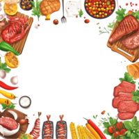 Barbecue grill with food and colorful splashes on a transparent background png