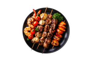 Skewers with grilled meat and vegetables on a transparent background png
