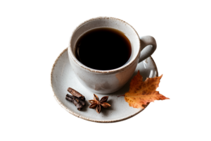 Coffee cup with autumn leaf and spices isolated on a transparent background png