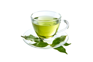 Cup of green tea with tea leaves isolated on a transparent background png