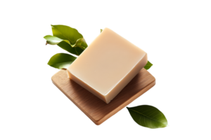 Natural soap bar with green leaves isolated on a transparent background png