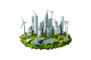 Futuristic eco city with wind turbines and solar panels isolated on a transparent background png