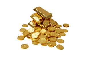 Gold bars and coins isolated on a transparent background png