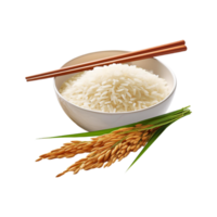 White bowl of rice with chopsticks on transparent background png