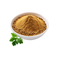 White cerami bowl of coriander powder on transparent background png