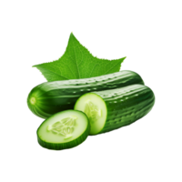 Green cucumber with slices and leaf on transparent background png