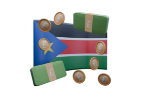 Shiny 3D render illustration of South Sudan flag and currency called SS Pound png