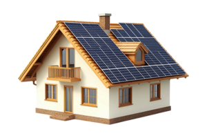 Family house model with solar panels on the roof isolated on transparent background. png