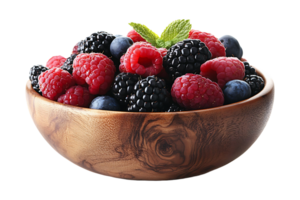 Fresh mixed berries in a wooden bowl isolated on transparent background. png