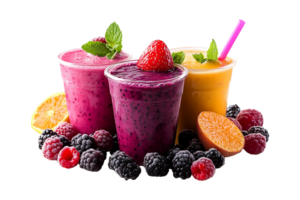 Fresh and delicious smoothies decorated with fruits isolated on transparent background. png