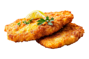 Homemade chicken schnitzel breaded to perfection isolated on transparent background. png