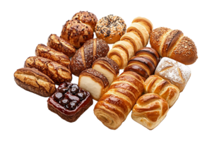 Homemade pastries and breads arranged isolated on transparent background. png