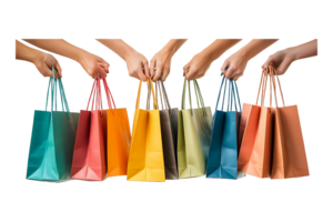 Hands with shopping bags for fashion or sales isolated on transparent background. png