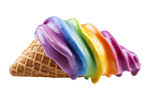 Melting summer ice cream cone with rainbow pride isolated on transparent background. png