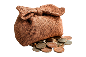 Small bag filled with coins isolated on transparent background. png