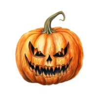 A Watercolor Illustration of a Carved Jack-o'-Lantern with a Ferocious Expression png