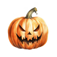 Watercolor Illustration of a Carved Pumpkin with a Glowing Face png