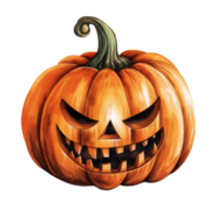 Watercolor Illustration of a Carved Pumpkin with a Glowing Evil Grin png