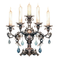 Ornate Silver Candelabra with Five Burning Candles and Blue Crystal Drops png