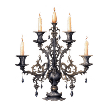 florido negro candelabro con cinco ardiente velas y cristal gotas png