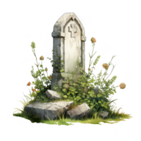 An Old Stone Tombstone with Weathered Cross and Surrounding Foliage png
