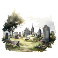 A Watercolor Depiction of a Graveyard with a Church and Numerous Tombstones png