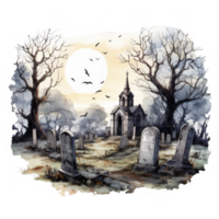 A Watercolor Painting of a Graveyard with a Chapel Under a Full Moon png