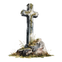 A Stone Cross on a Rock with Overgrown Moss and Grass png