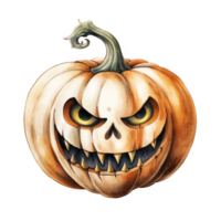 A Watercolor Illustration of a Carved Halloween Pumpkin with a Glowing, Fanged Smile png