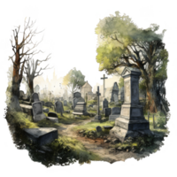 Watercolor Painting of a Cemetery with Tombstones, Trees, and a Stone Path png