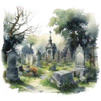 A Watercolor Painting of a Tranquil Graveyard with an Old Chapel png