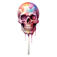 A Colorful Skull-Shaped Lollipop with Dripping Candy png