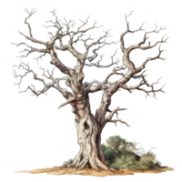 A weathered, bare-branched tree with intricate roots and surrounding greenery png