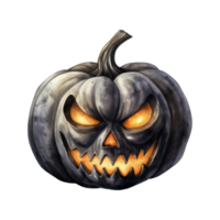 Watercolor Illustration of a Carved Black Pumpkin with an Evil Grin and Glowing Eyes png