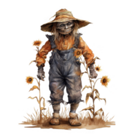 A scarecrow with a hat and overalls standing in a field png