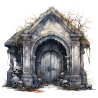 An Overgrown Stone Archway with Skulls and a Weathered Iron Gate png