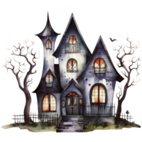 Watercolor Illustration of a Haunted House with Glowing Windows png