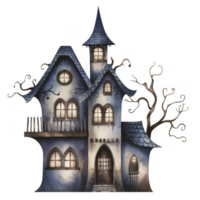 Watercolor Illustration of a Gothic-Style House with Twisted Branches png