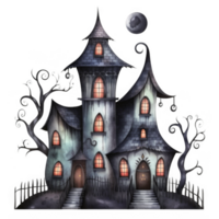 Watercolor Illustration of a Spooky Haunted House with Twisted Trees png