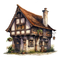 A Quaint, Half-Timbered Cottage with a Brick Chimney and a Lantern png