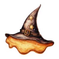 Watercolor illustration of a witch's hat melting into a puddle of golden liquid png