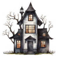 Watercolor Illustration of a Haunted House with a Tall, Pointed Roof and Bare Trees png