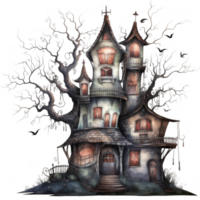 An Enchanting and Slightly Eerie Watercolor Illustration of a Twisted House Growing From a Tree png