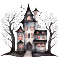 Watercolor Painting of a Haunted House with Bare Trees and Bats png