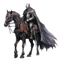 A knight in full armor riding a black horse with a flowing cape png