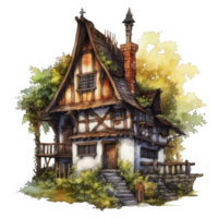 A quaint, charming cottage with a stone staircase, surrounded by lush greenery. png