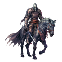 A knight in full armor, riding a black horse with a flowing cape. png