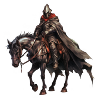 A cloaked knight on horseback in a fantasy setting png