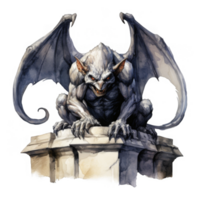 Watercolor Painting of a Stone Gargoyle with Wings png